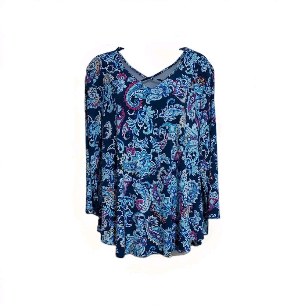 Chico's Women Paisley Top 2 (Large) Blue 3/4 Sleeve Criss Cross V-Neck Blouse